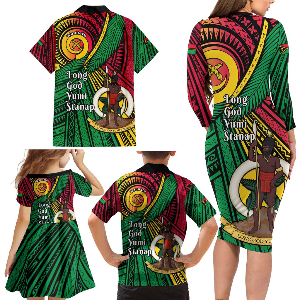 Halo Vanuatu Family Matching Long Sleeve Bodycon Dress and Hawaiian Shirt Happy 45th Independence Anniversary