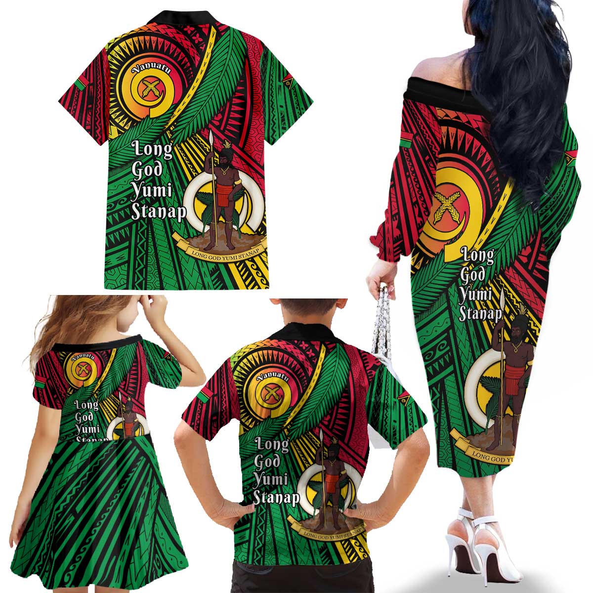Halo Vanuatu Family Matching Off The Shoulder Long Sleeve Dress and Hawaiian Shirt Happy 45th Independence Anniversary