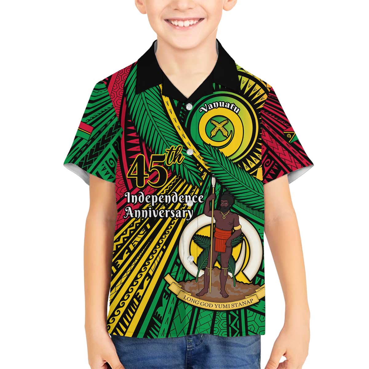 Halo Vanuatu Family Matching Off The Shoulder Long Sleeve Dress and Hawaiian Shirt Happy 45th Independence Anniversary