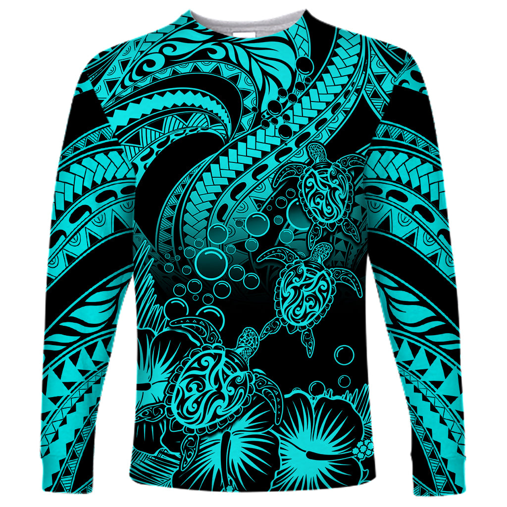 Personalised Polynesian Long Sleeve Shirt Tribal Honu Turtle with Hibiscus Turquoise Version LT14 Unisex Turquoise - Polynesian Pride