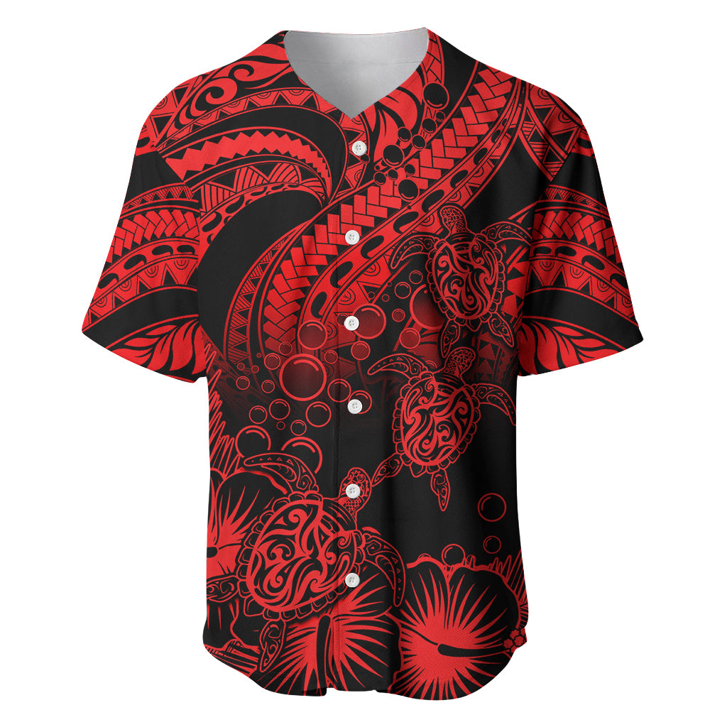 Personalised Polynesian Baseball Jersey Tribal Honu Turtle with Hibiscus Red Version LT14 Red - Polynesian Pride