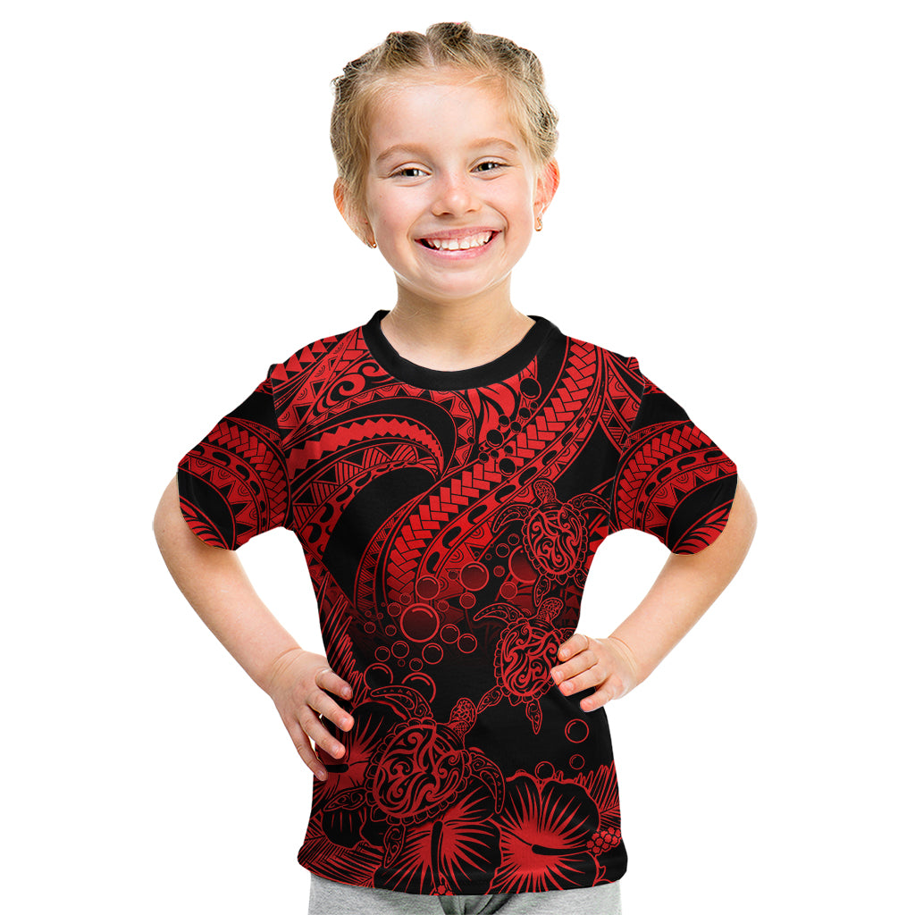 Personalised Polynesian Kid T Shirt Tribal Honu Turtle with Hibiscus Red Version LT14 Red - Polynesian Pride