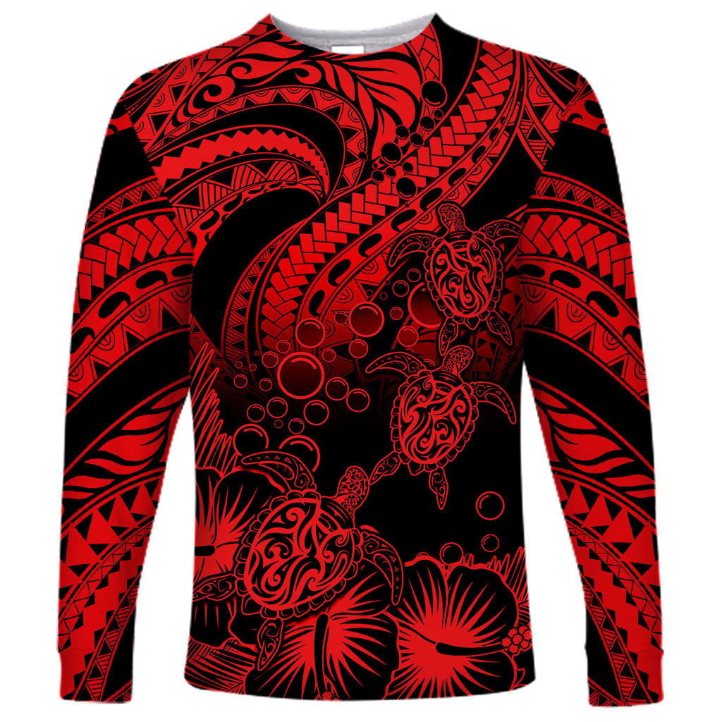 Personalised Polynesian Long Sleeve Shirt Tribal Honu Turtle with Hibiscus Red Version LT14 Unisex Red - Polynesian Pride