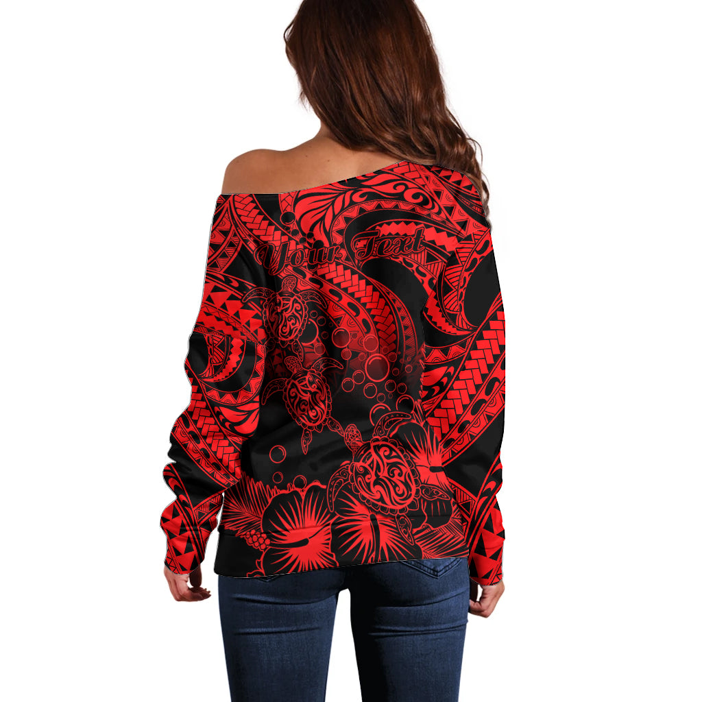 Personalised Polynesian Off Shoulder Sweater Tribal Honu Turtle with Hibiscus Red Version LT14 - Polynesian Pride