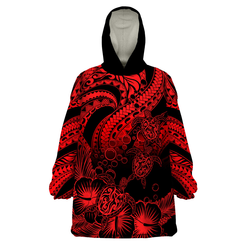 Personalised Polynesian Wearable Blanket Hoodie Tribal Honu Turtle with Hibiscus Red Version LT14 One Size Red - Polynesian Pride