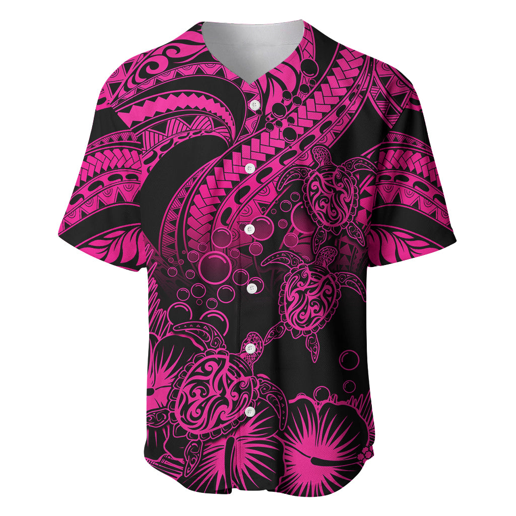 Personalised Polynesian Baseball Jersey Tribal Honu Turtle with Hibiscus Pink Version LT14 Pink - Polynesian Pride