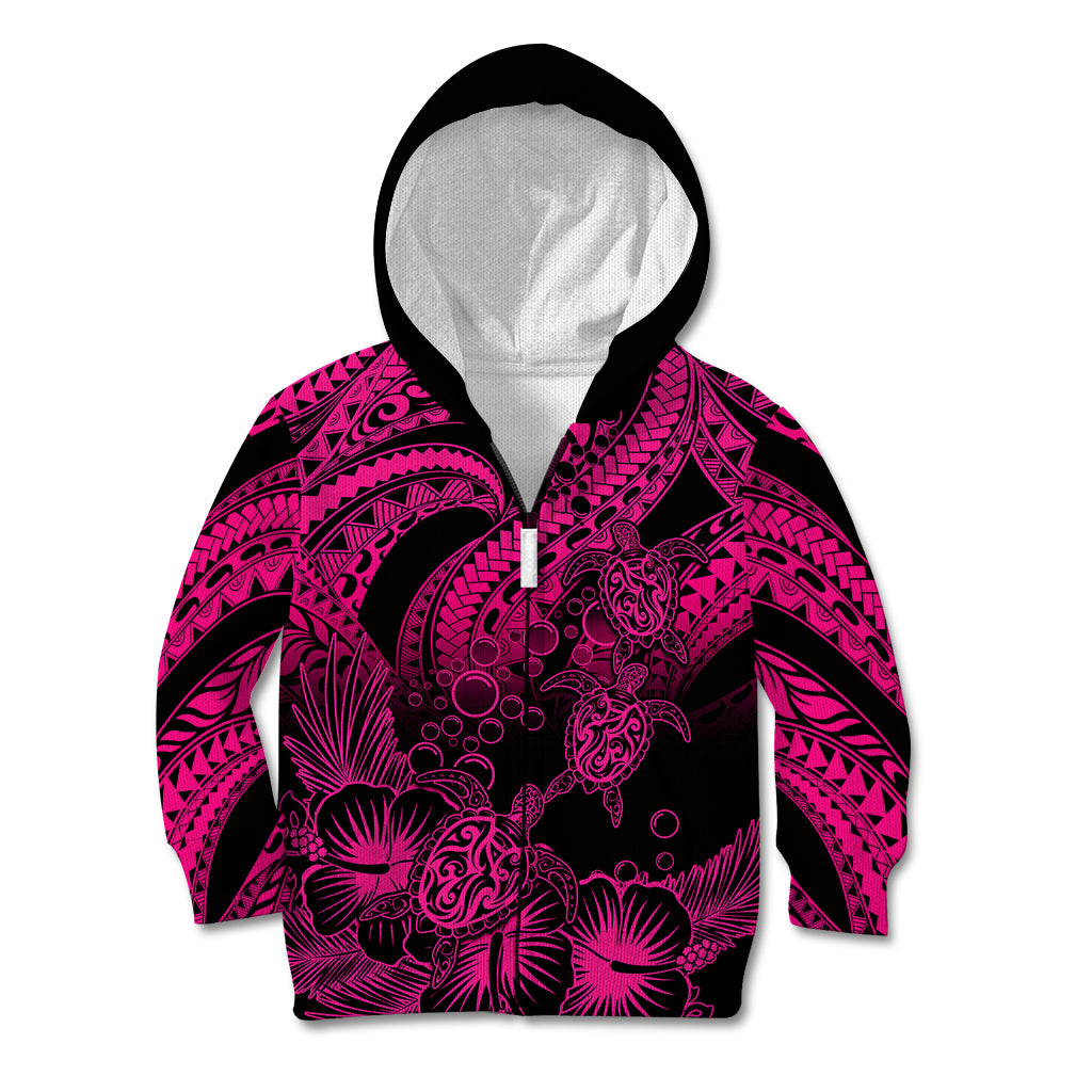 Personalised Polynesian Kid Hoodie Tribal Honu Turtle with Hibiscus Pink Version LT14 Zip Hoodie Pink - Polynesian Pride