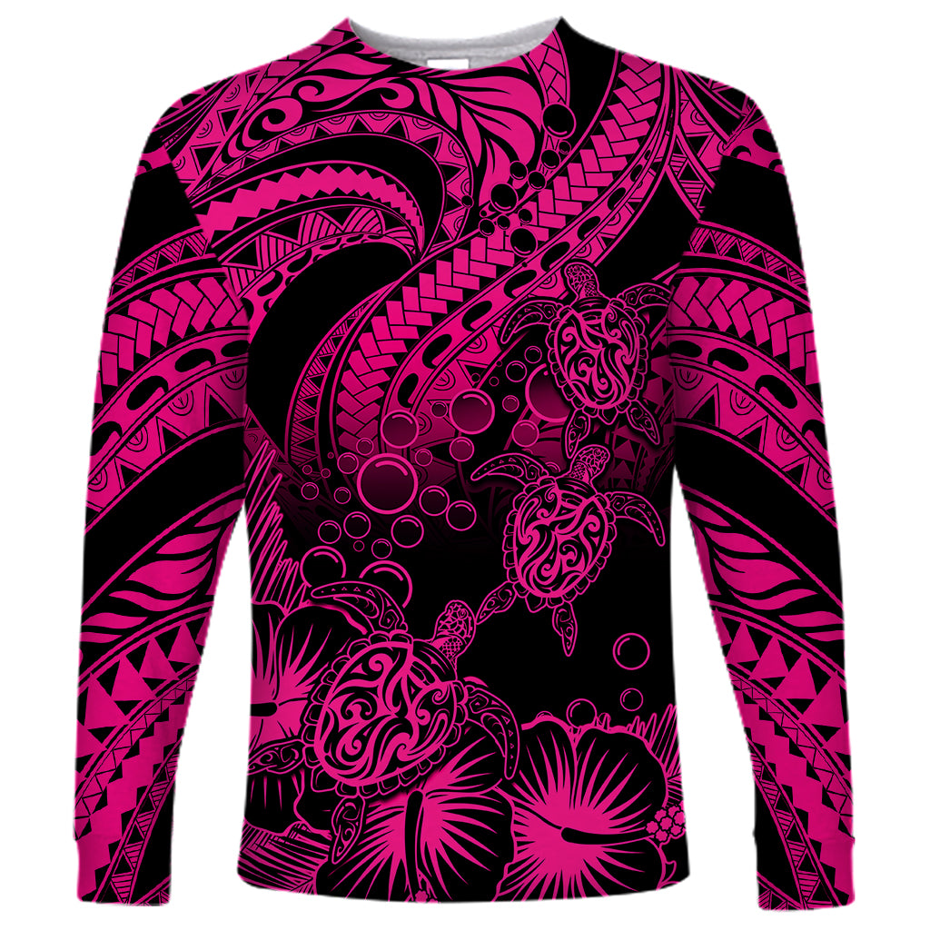 Personalised Polynesian Long Sleeve Shirt Tribal Honu Turtle with Hibiscus Pink Version LT14 Unisex Pink - Polynesian Pride