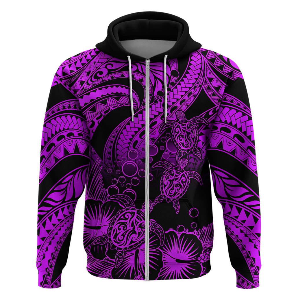 Custom Polynesian Hoodie Tribal Honu Turtle with Hibiscus Purple Version LT14 Zip Hoodie Purple - Polynesian Pride
