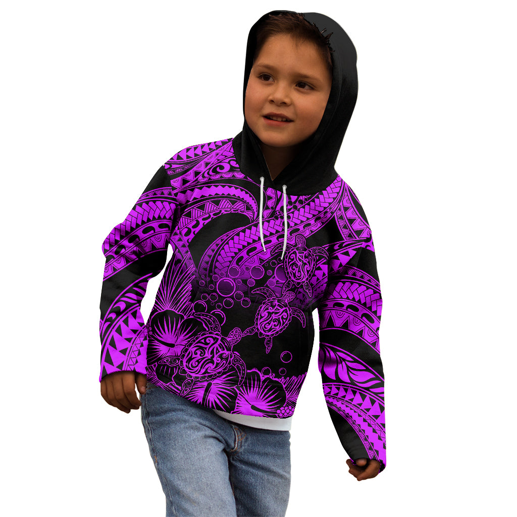 Personalised Polynesian Kid Hoodie Tribal Honu Turtle with Hibiscus Purple Version LT14 - Polynesian Pride