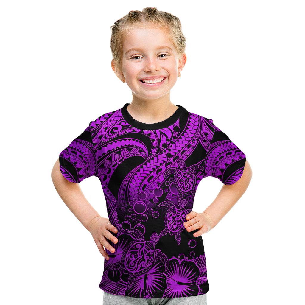 Personalised Polynesian Kid T Shirt Tribal Honu Turtle with Hibiscus Purple Version LT14 Purple - Polynesian Pride
