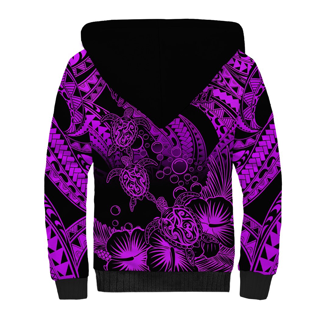 Personalised Polynesian Sherpa Hoodie Tribal Honu Turtle with Hibiscus Purple Version LT14 - Polynesian Pride