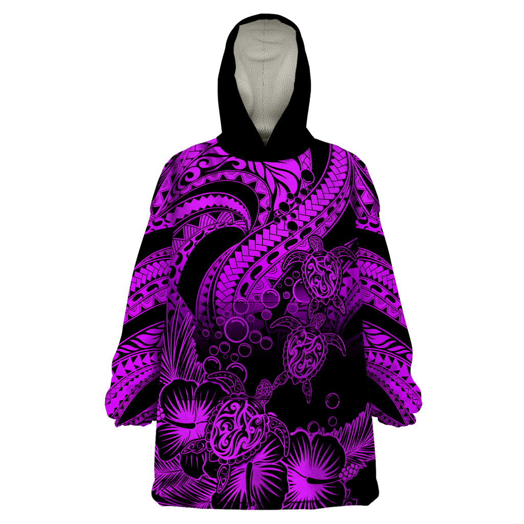 Personalised Polynesian Wearable Blanket Hoodie Tribal Honu Turtle with Hibiscus Purple Version LT14 One Size Purple - Polynesian Pride