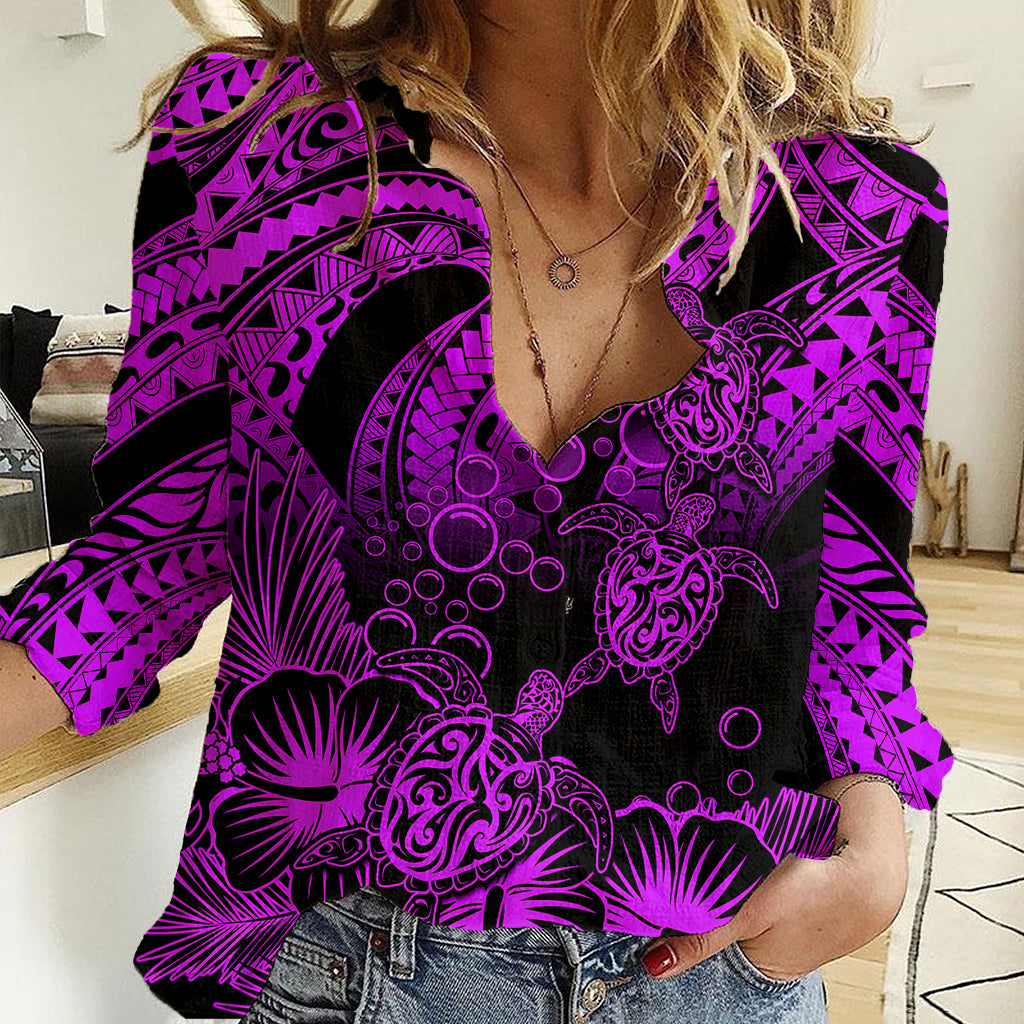 Personalised Polynesian Women Casual Shirt Tribal Honu Turtle with Hibiscus Purple Version LT14 Female Purple - Polynesian Pride