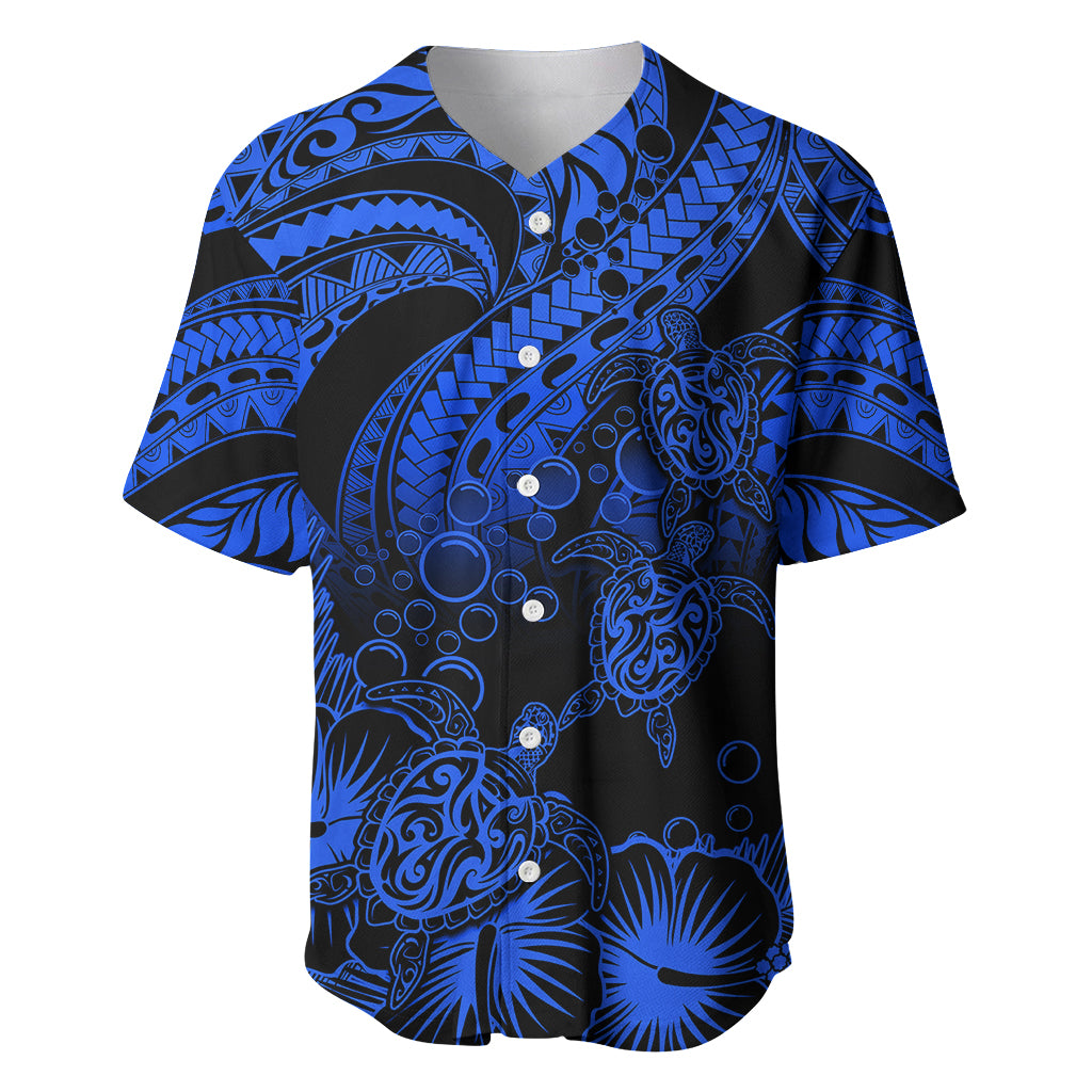 Personalised Polynesian Baseball Jersey Tribal Honu Turtle with Hibiscus Blue Version LT14 Blue - Polynesian Pride