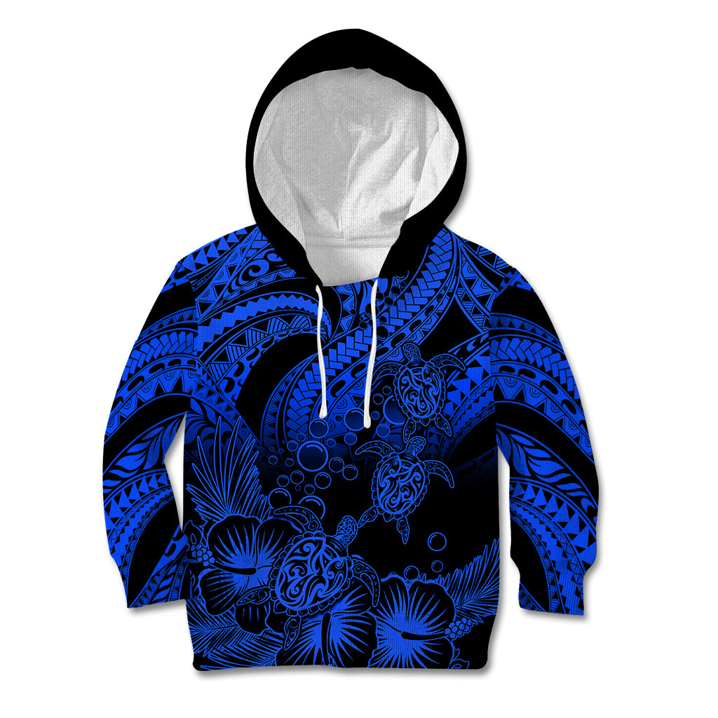 Personalised Polynesian Kid Hoodie Tribal Honu Turtle with Hibiscus Blue Version LT14 Hoodie Blue - Polynesian Pride