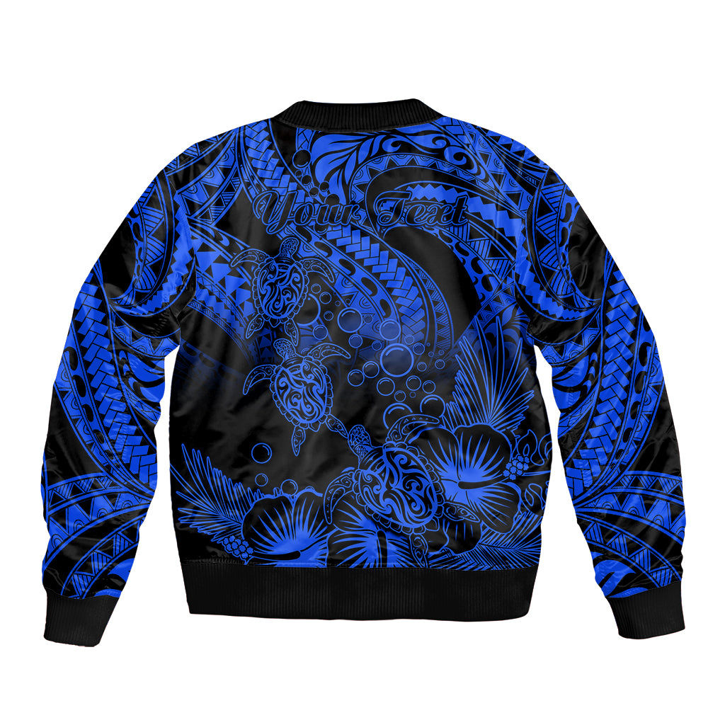 Personalised Polynesian Sleeve Zip Bomber Jacket Tribal Honu Turtle with Hibiscus Blue Version LT14 - Polynesian Pride