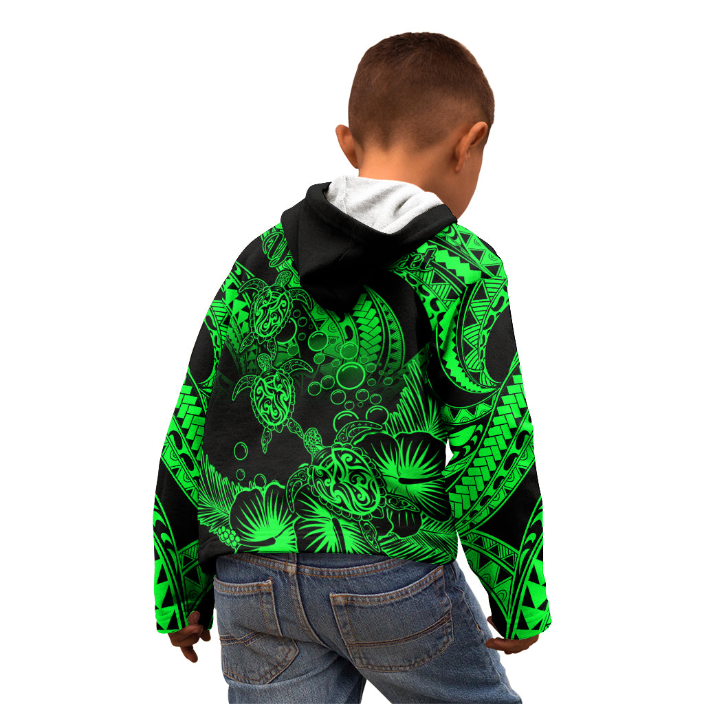 Personalised Polynesian Kid Hoodie Tribal Honu Turtle with Hibiscus Green Version LT14 - Polynesian Pride