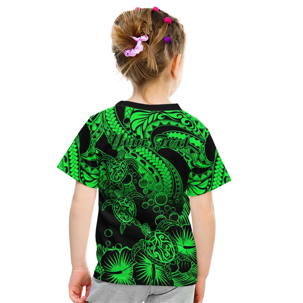 Personalised Polynesian Kid T Shirt Tribal Honu Turtle with Hibiscus Green Version LT14 - Polynesian Pride