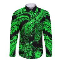 Personalised Polynesian Long Sleeve Button Shirt Tribal Honu Turtle with Hibiscus Green Version LT14 Unisex Green - Polynesian Pride