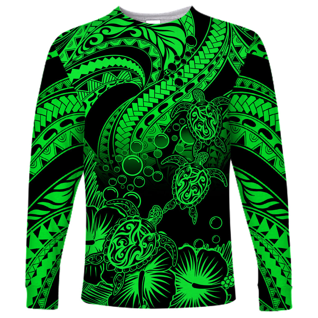 Personalised Polynesian Long Sleeve Shirt Tribal Honu Turtle with Hibiscus Green Version LT14 Unisex Green - Polynesian Pride