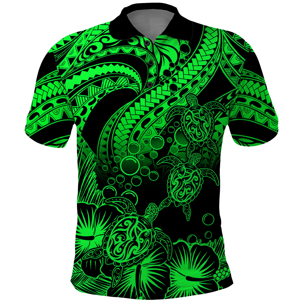 Custom Polynesian Polo Shirt Tribal Honu Turtle with Hibiscus Green Version LT14 Green - Polynesian Pride