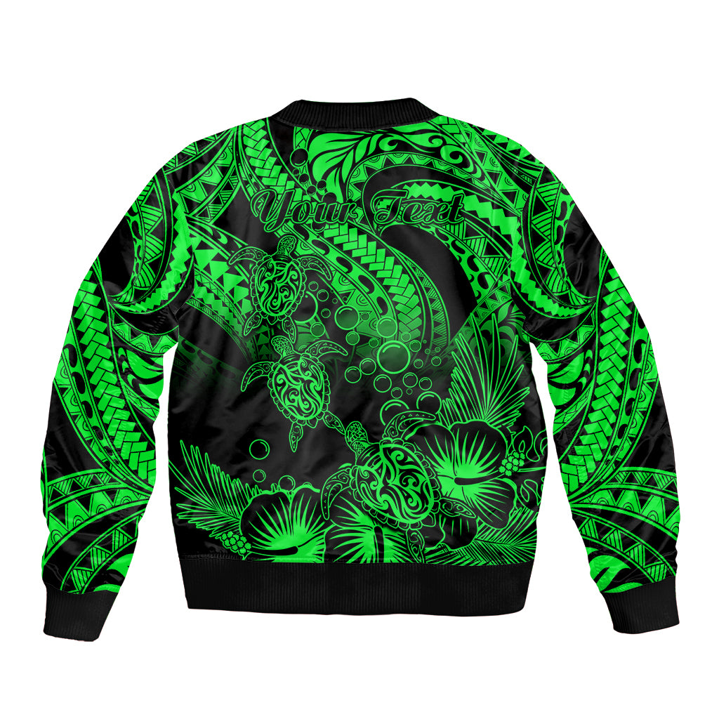 Personalised Polynesian Sleeve Zip Bomber Jacket Tribal Honu Turtle with Hibiscus Green Version LT14 - Polynesian Pride