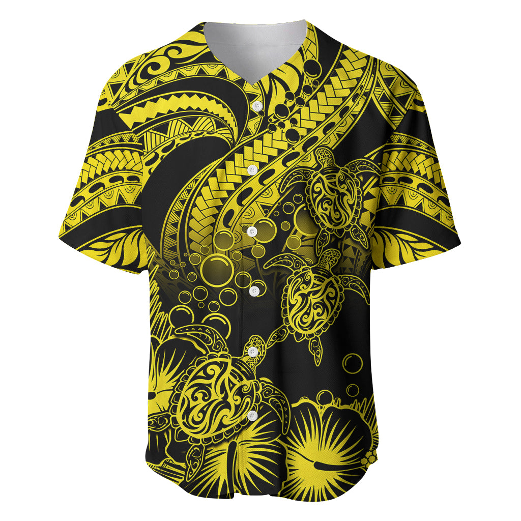 Personalised Polynesian Baseball Jersey Tribal Honu Turtle with Hibiscus Gold Version LT14 Gold - Polynesian Pride