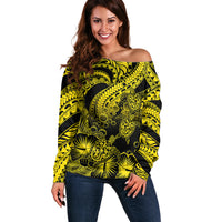Personalised Polynesian Off Shoulder Sweater Tribal Honu Turtle with Hibiscus Gold Version LT14 Women Gold - Polynesian Pride