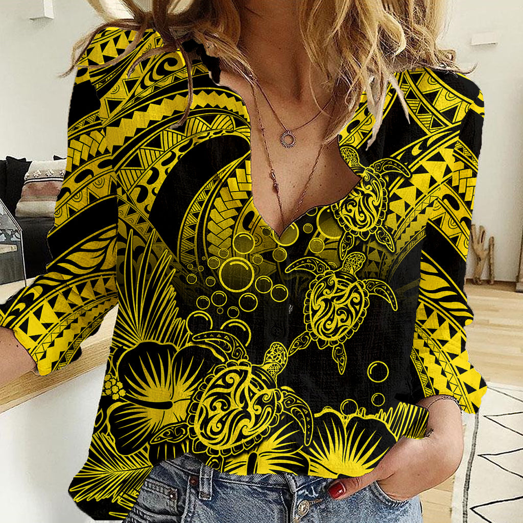 Personalised Polynesian Women Casual Shirt Tribal Honu Turtle with Hibiscus Gold Version LT14 Female Gold - Polynesian Pride