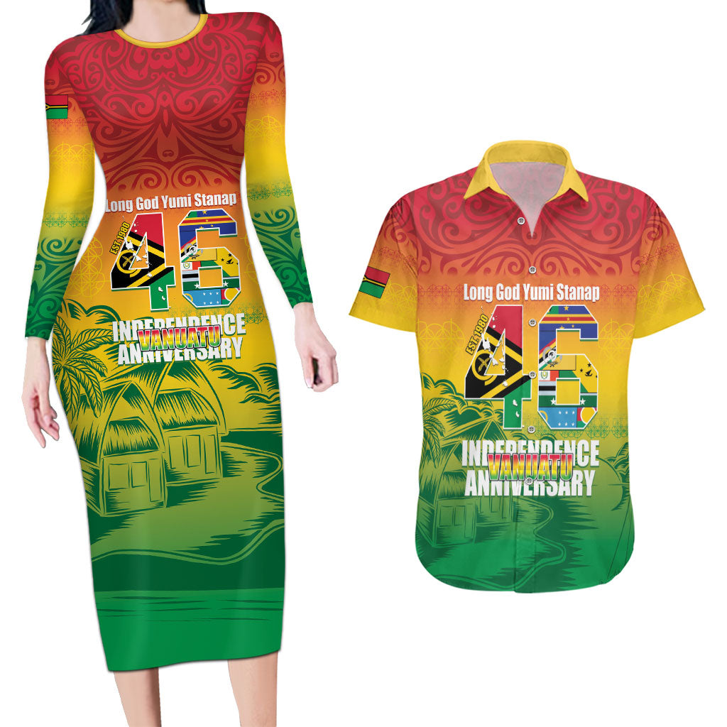 Vanuatu Indipendens Dei Couples Matching Long Sleeve Bodycon Dress and Hawaiian Shirt Yumi 46th Independence Anniversary LT14 Reggae - Polynesian Pride