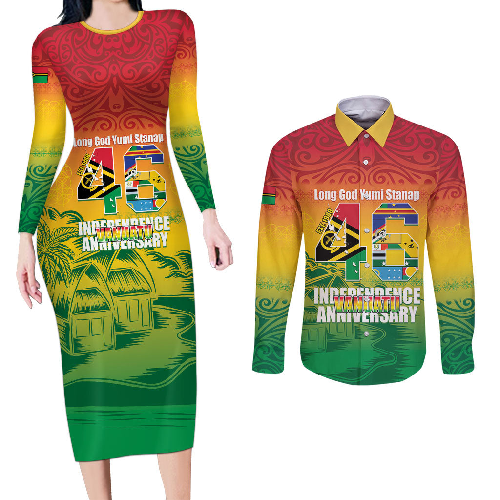 Vanuatu Indipendens Dei Couples Matching Long Sleeve Bodycon Dress and Long Sleeve Button Shirt Yumi 46th Independence Anniversary LT14 Reggae - Polynesian Pride