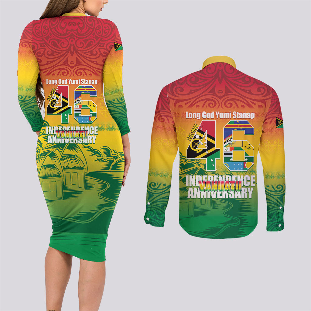 Vanuatu Indipendens Dei Couples Matching Long Sleeve Bodycon Dress and Long Sleeve Button Shirt Yumi 46th Independence Anniversary