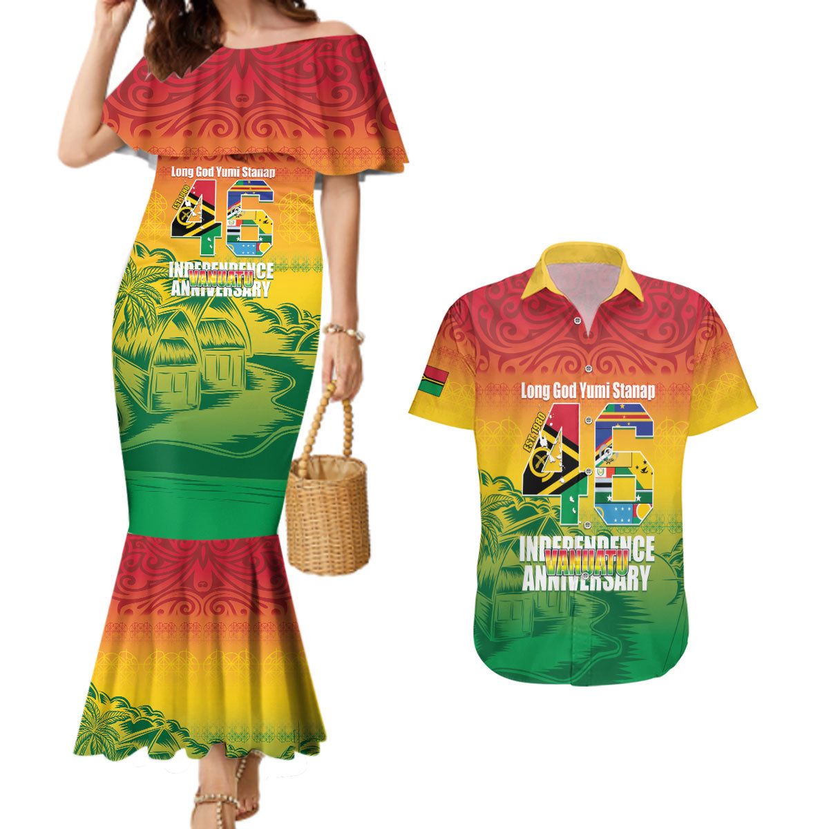 Vanuatu Indipendens Dei Couples Matching Mermaid Dress and Hawaiian Shirt Yumi 46th Independence Anniversary LT14 Reggae - Polynesian Pride