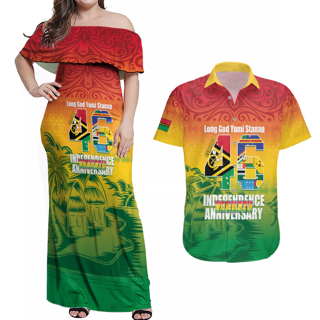 Vanuatu Indipendens Dei Couples Matching Off Shoulder Maxi Dress and Hawaiian Shirt Yumi 46th Independence Anniversary