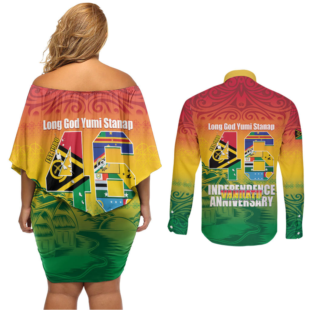 Vanuatu Indipendens Dei Couples Matching Off Shoulder Short Dress and Long Sleeve Button Shirt Yumi 46th Independence Anniversary LT14 - Polynesian Pride