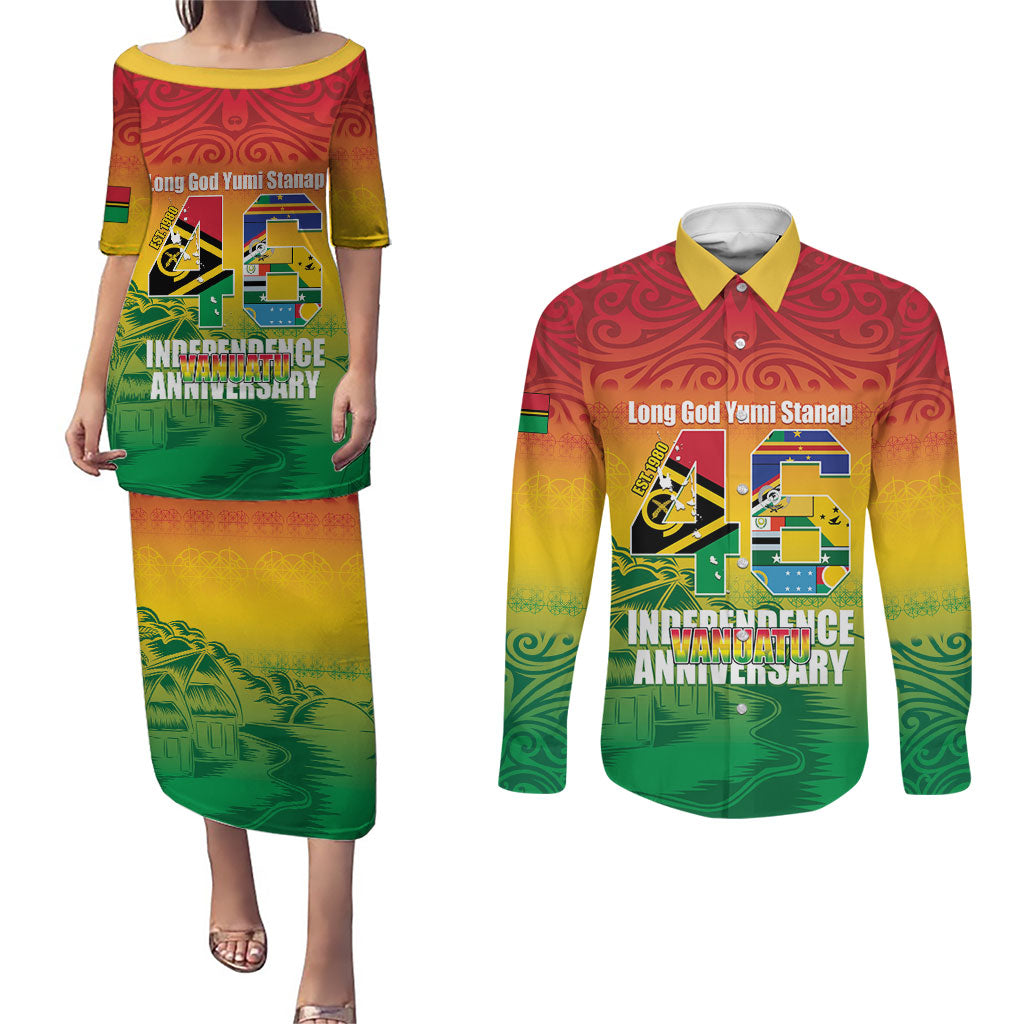 Vanuatu Indipendens Dei Couples Matching Puletasi and Long Sleeve Button Shirt Yumi 46th Independence Anniversary LT14 Reggae - Polynesian Pride