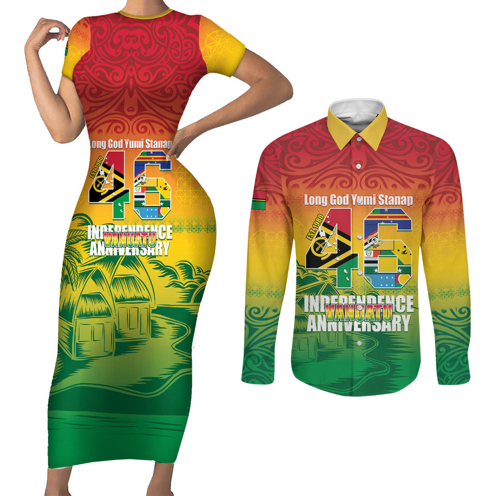 Vanuatu Indipendens Dei Couples Matching Short Sleeve Bodycon Dress and Long Sleeve Button Shirt Yumi 46th Independence Anniversary LT14 Reggae - Polynesian Pride