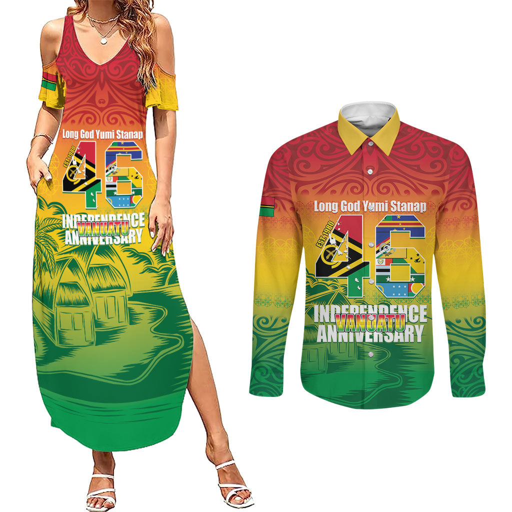 Vanuatu Indipendens Dei Couples Matching Summer Maxi Dress and Long Sleeve Button Shirt Yumi 46th Independence Anniversary LT14 Reggae - Polynesian Pride