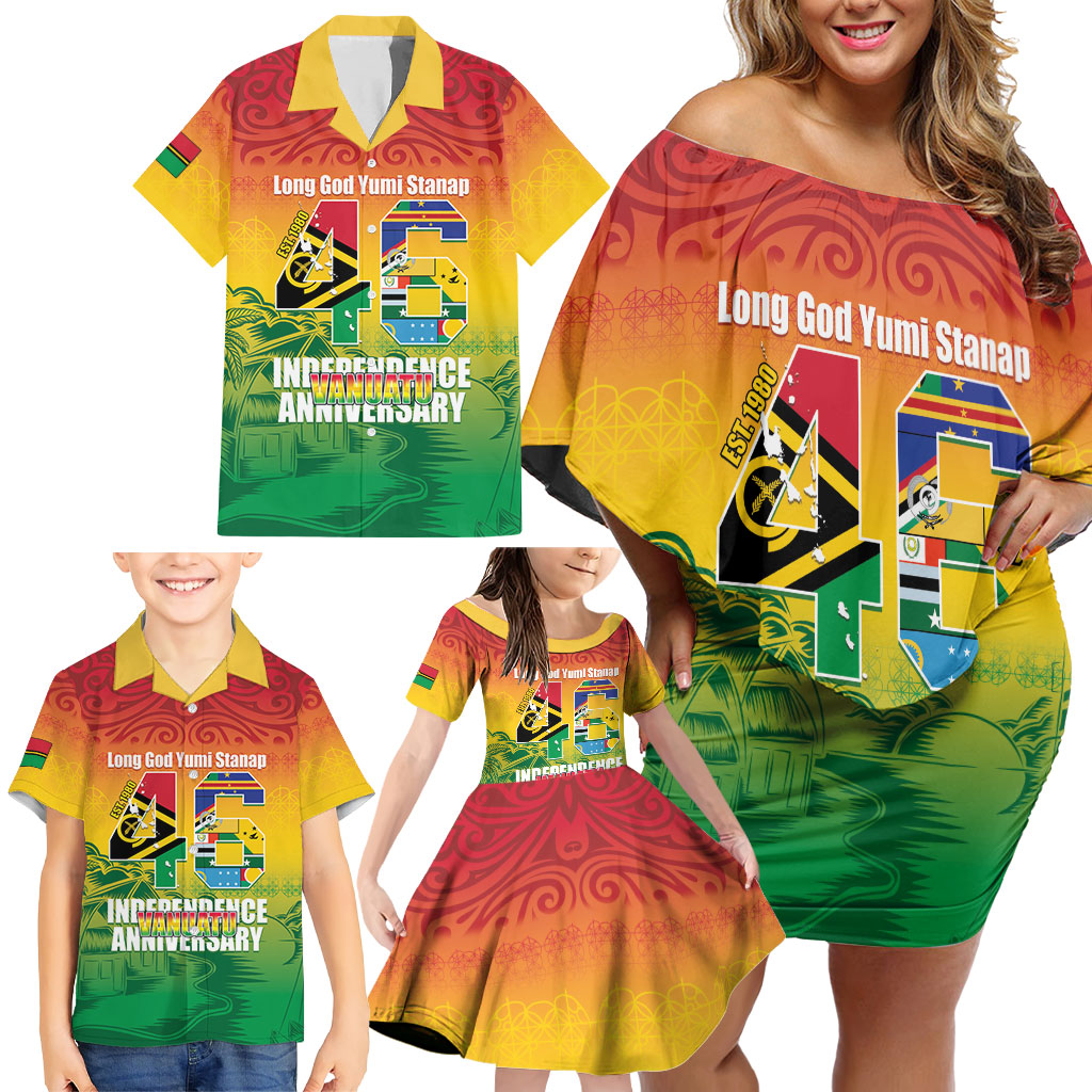 Vanuatu Indipendens Dei Family Matching Off Shoulder Short Dress and Hawaiian Shirt Yumi 46th Independence Anniversary