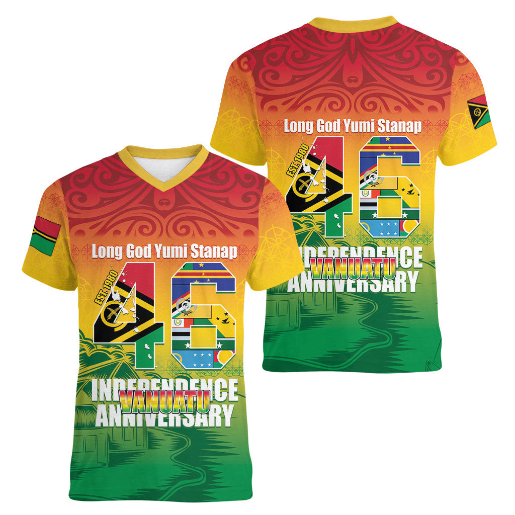 Vanuatu Indipendens Dei Women V-Neck T-Shirt Yumi 46th Independence Anniversary LT14 - Polynesian Pride