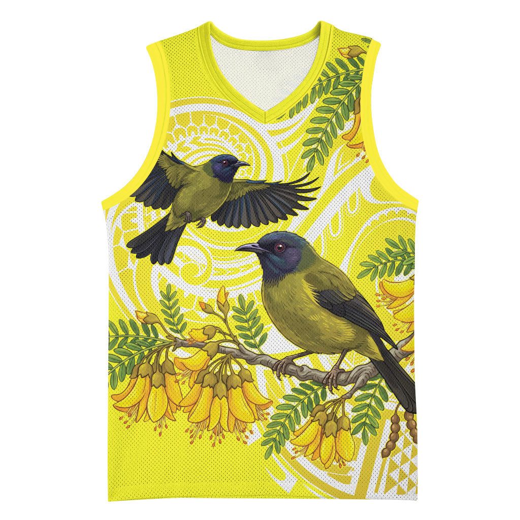 Bellbird New Zealand Basketball Jersey Korimako Kowhai Maori Pattern LT14 Unisex Yellow - Polynesian Pride