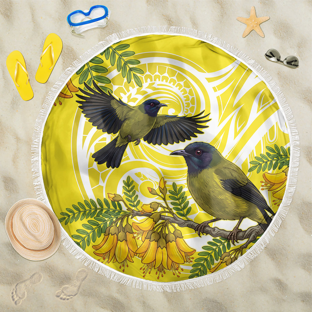 Bellbird New Zealand Beach Blanket Korimako Kowhai Maori Pattern LT14 One Size 150cm Yellow - Polynesian Pride