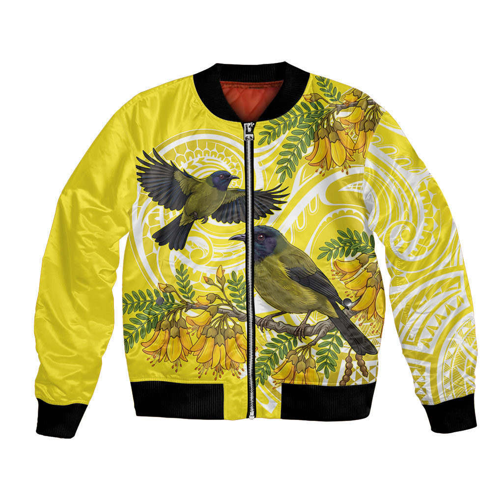 Bellbird New Zealand Bomber Jacket Korimako Kowhai Maori Pattern LT14 Unisex Yellow - Polynesian Pride
