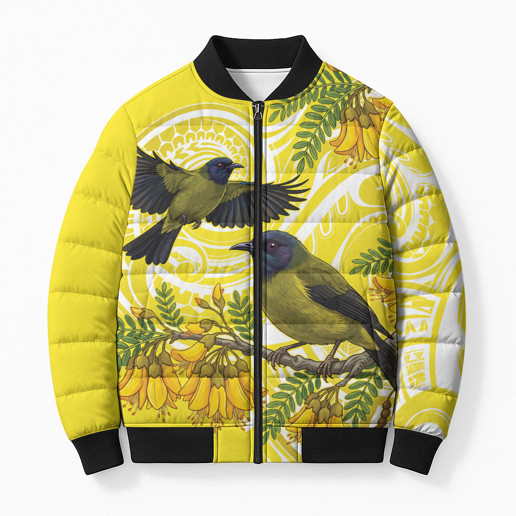 Bellbird New Zealand Bomber Puffer Jacket Korimako Kowhai Maori Pattern LT14 Unisex Yellow - Polynesian Pride