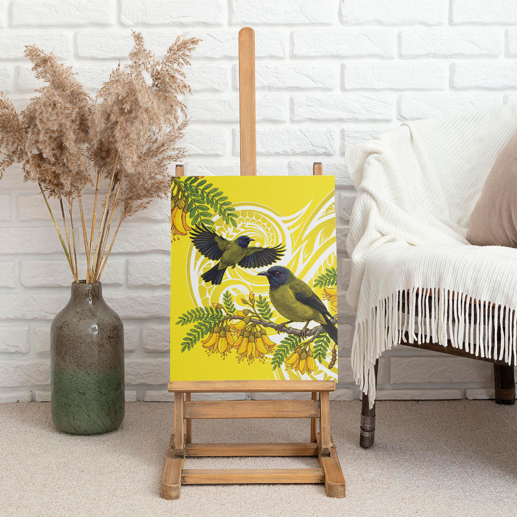 Bellbird New Zealand Canvas Wall Art Korimako Kowhai Maori Pattern LT14 - Polynesian Pride