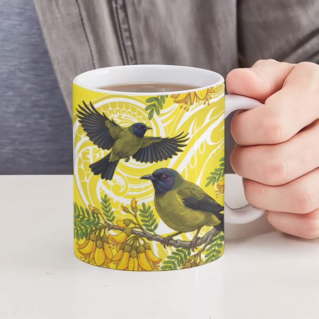 Bellbird New Zealand Ceramic Mug Korimako Kowhai Maori Pattern LT14 - Polynesian Pride