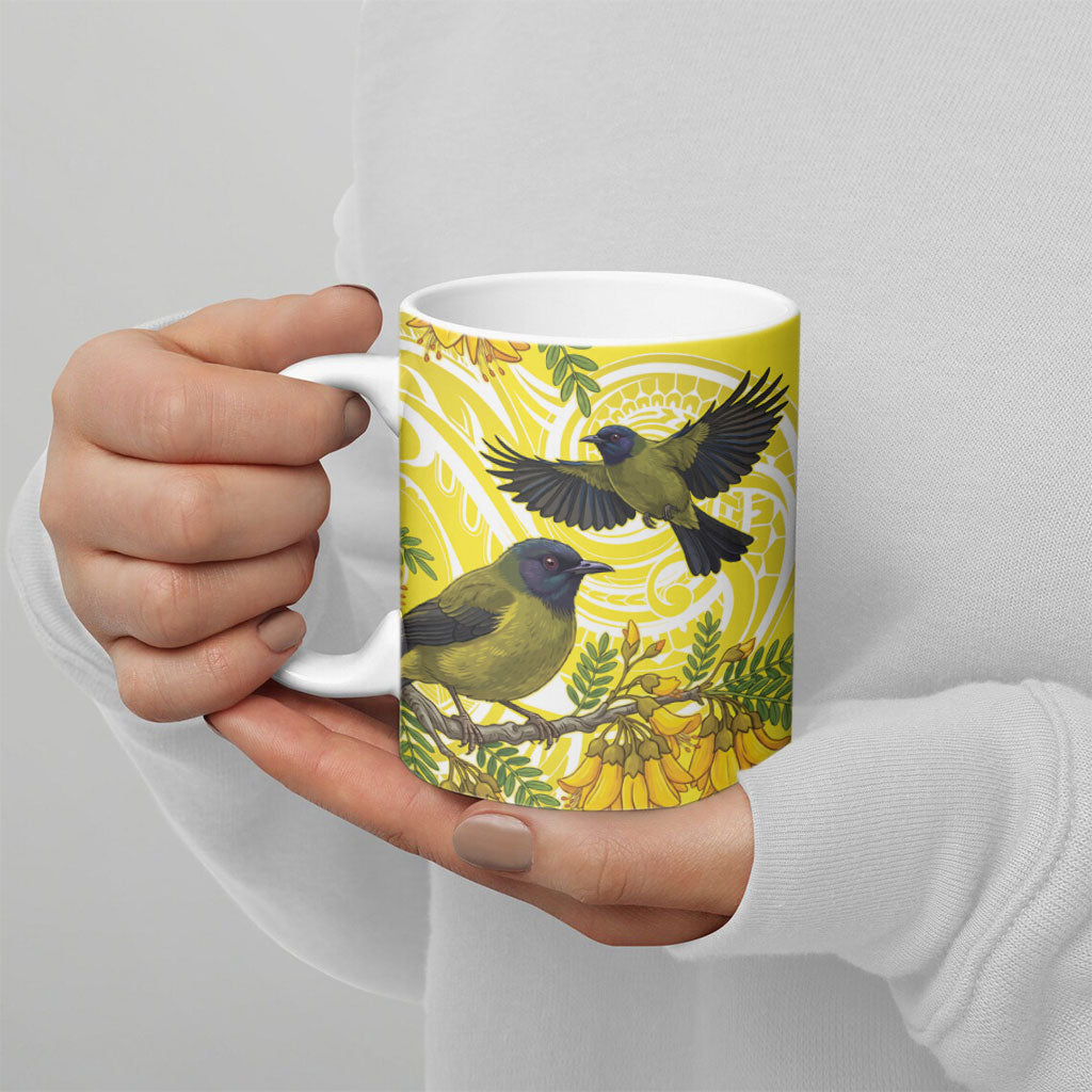 Bellbird New Zealand Ceramic Mug Korimako Kowhai Maori Pattern LT14 - Polynesian Pride