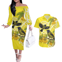 Bellbird New Zealand Couples Matching Off The Shoulder Long Sleeve Dress and Hawaiian Shirt Korimako Kowhai Maori Pattern