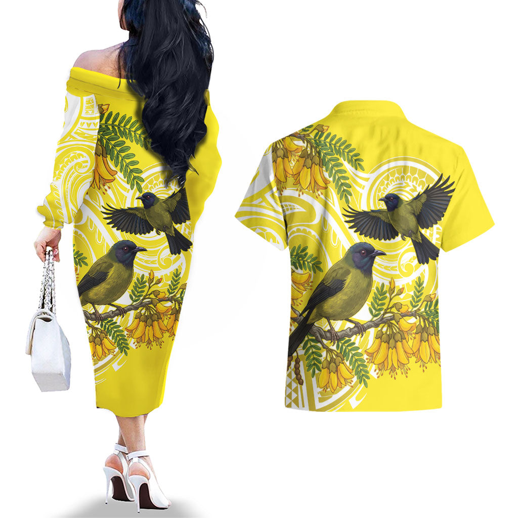 Bellbird New Zealand Couples Matching Off The Shoulder Long Sleeve Dress and Hawaiian Shirt Korimako Kowhai Maori Pattern